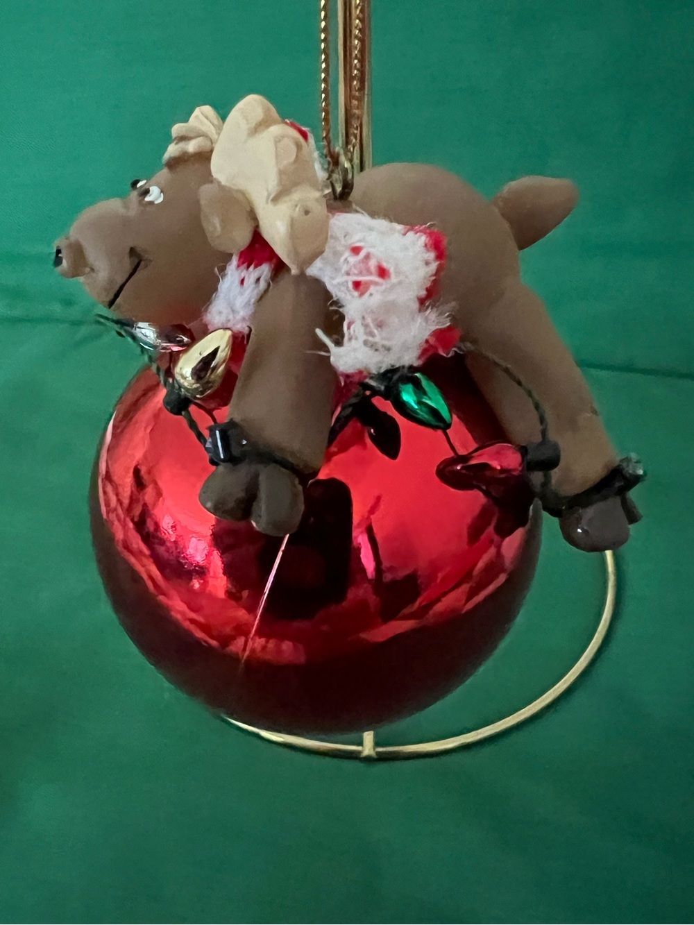 Festive Moose Ornament on Shiny Red Ball - Holiday Hanging Decoration - Picture 2 of 4